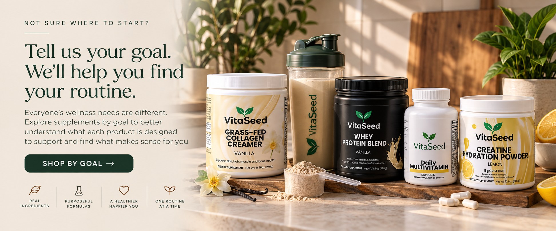 VitaSeed supplements on a kitchen counter — collagen creamer, whey protein, multivitamin, and creatine hydration